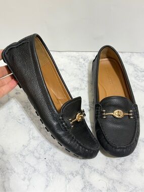 Coach Arlene black leather driver loafers moccasin gold turn lock buckle shoes 8